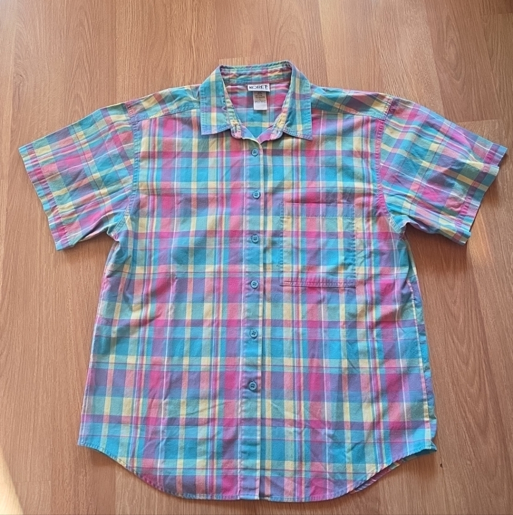 Koret Pastel Plaid Casual Shirt Size Large Button Up Short Sleeves Cotton Blend